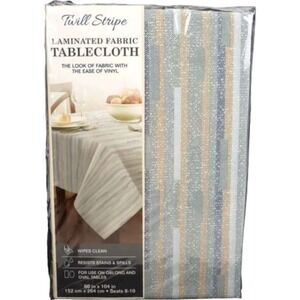 Twill Striped Laminated Fabric Dinner Table Tablecloth‎ Oblong 60 x 104 Blue Tan